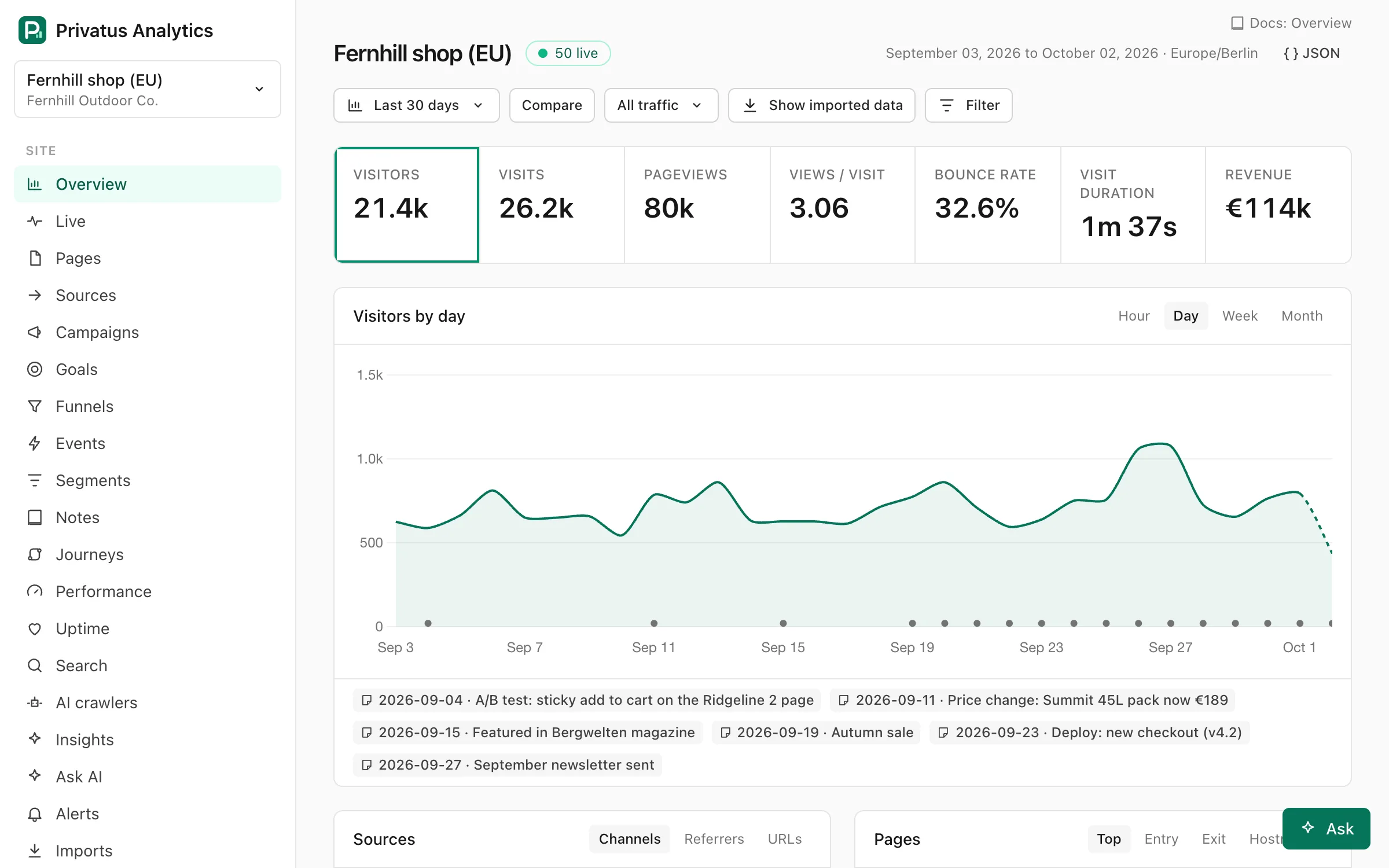 The site overview with headline metrics, the visitors chart and panels for pages, sources and countries.