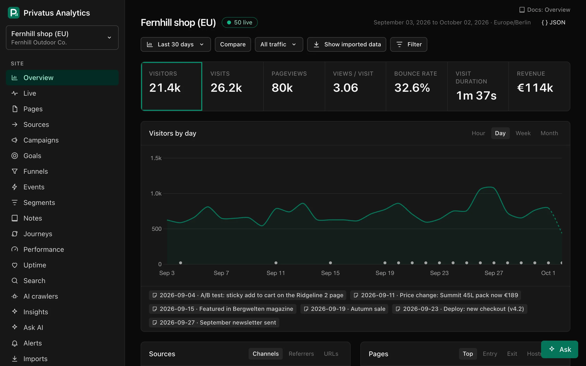 The site overview with headline metrics, the visitors chart and panels for pages, sources and countries.