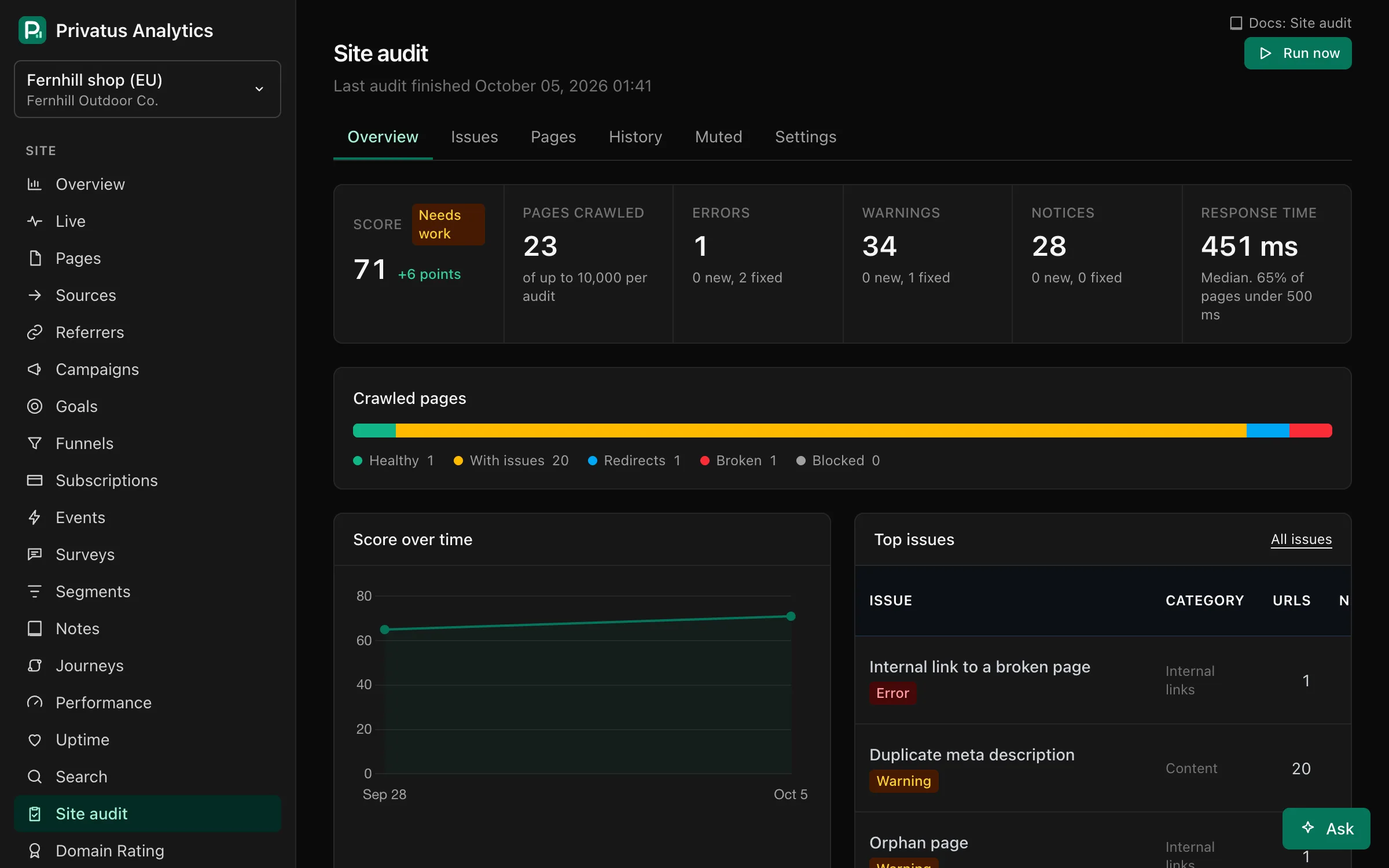 La panoramica dell'audit del sito con punteggio, pagine analizzate, errori, avvisi e segnalazioni, il punteggio nel tempo e i problemi principali.